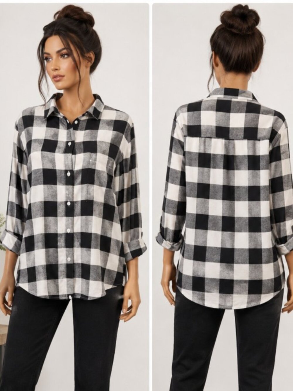 Treasure & bond Stylish Women's Medium Black & White Plaid Button-Down Shirt
